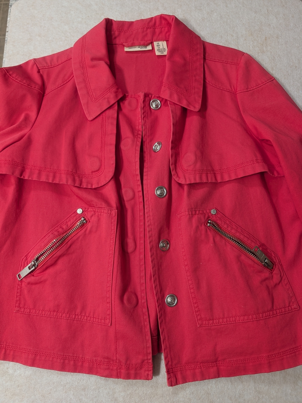 DKNY Jeans Coral Pink Red Cropped Utility Jacket Size L Large